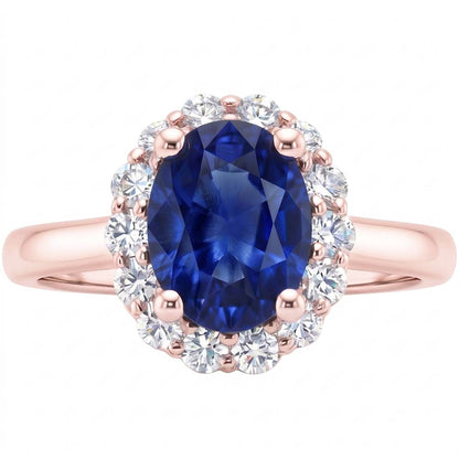 Halo Round Natural Earth Mined Diamond & Oval Ring Sri Lankan Sapphire 3.50 Carats