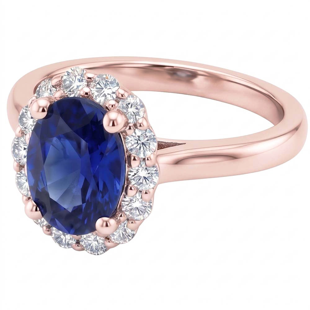 Halo Round Natural Earth Mined Diamond & Oval Ring Sri Lankan Sapphire 3.50 Carats