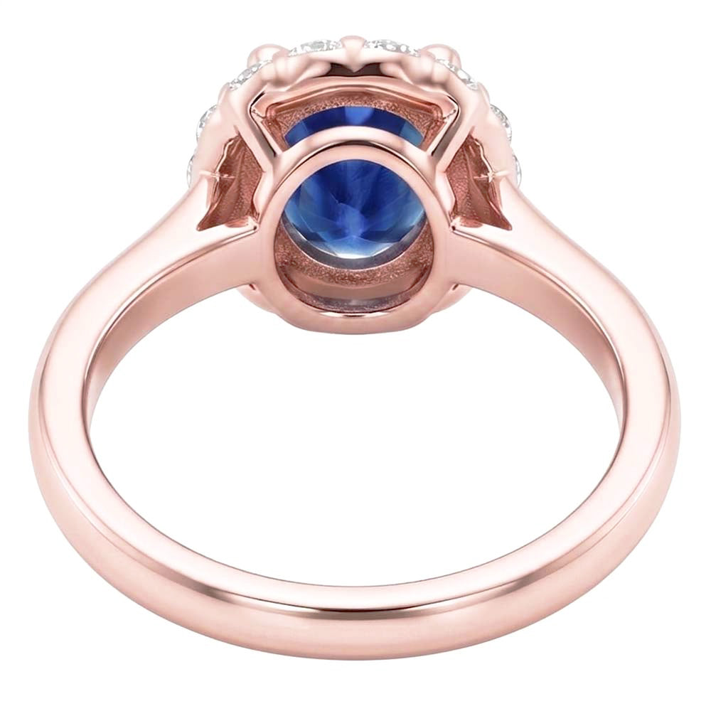 Halo Round Natural Earth Mined Diamond & Oval Ring Sri Lankan Sapphire 3.50 Carats
