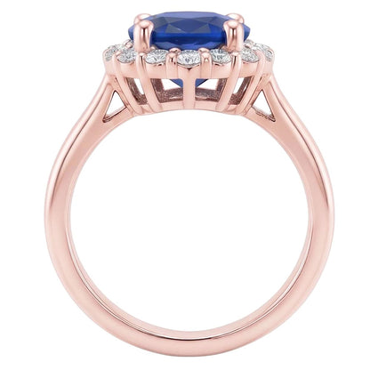 Halo Round Natural Earth Mined Diamond & Oval Ring Sri Lankan Sapphire 3.50 Carats