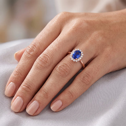 Halo Round Natural Earth Mined Diamond & Oval Ring Sri Lankan Sapphire 3.50 Carats