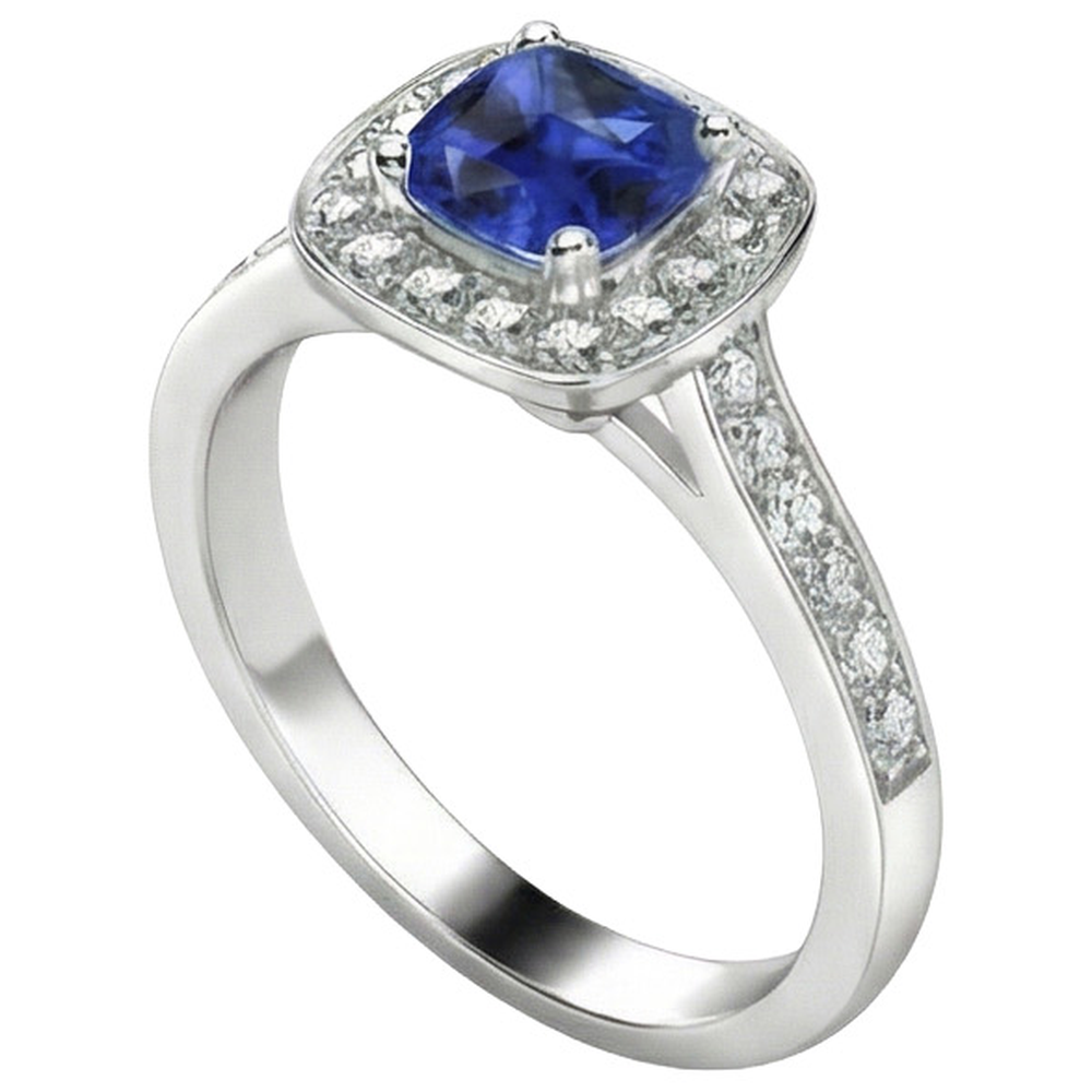 Natural Real ( Not Lab Grown )  Halo Sapphire Cushion Cut Engagement Ring