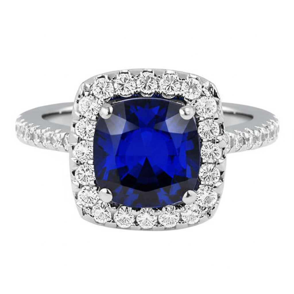 Halo Sapphire Cushion Cut Ladies Ring