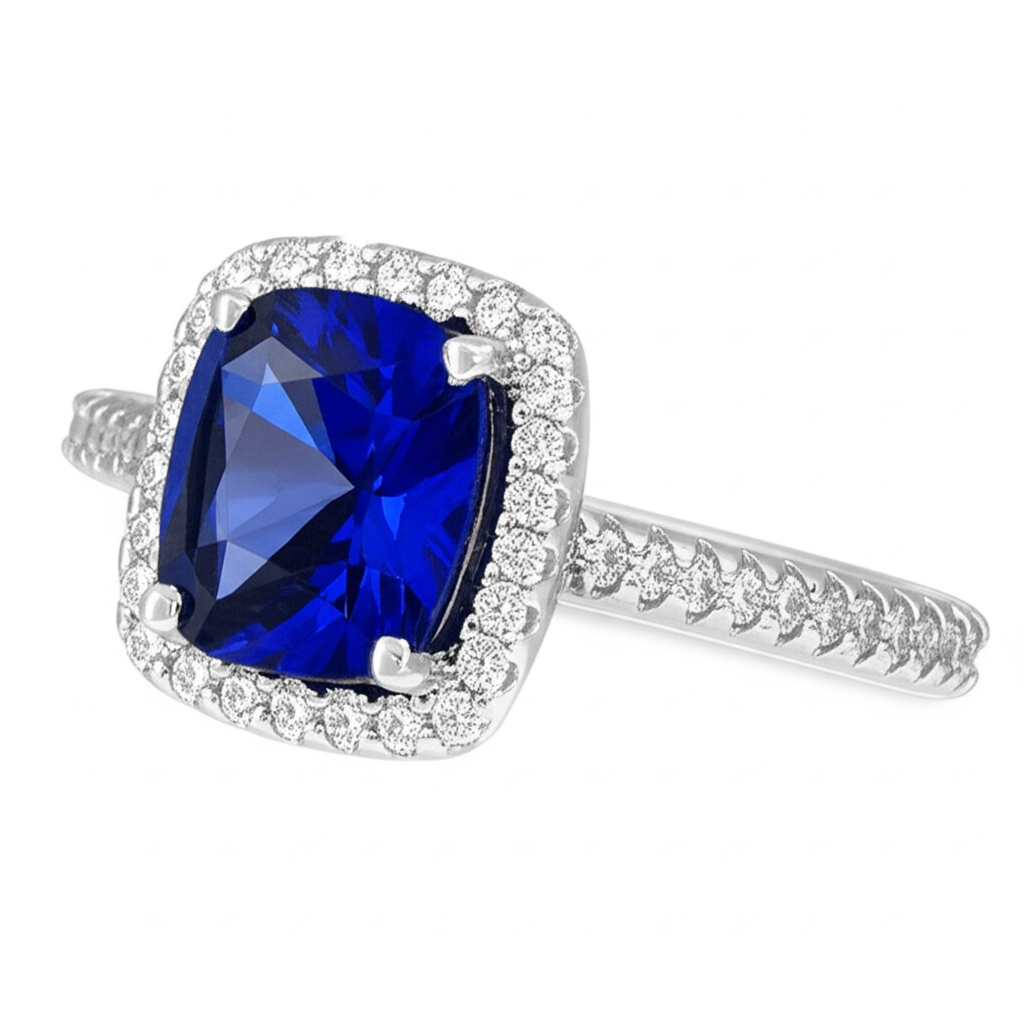 Halo Sapphire Cushion Cut Ladies Ring
