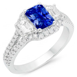 Halo Sapphire Engagement Ring 4 Carats Trapezoids & Pave Set Natural Earth Mined Diamonds