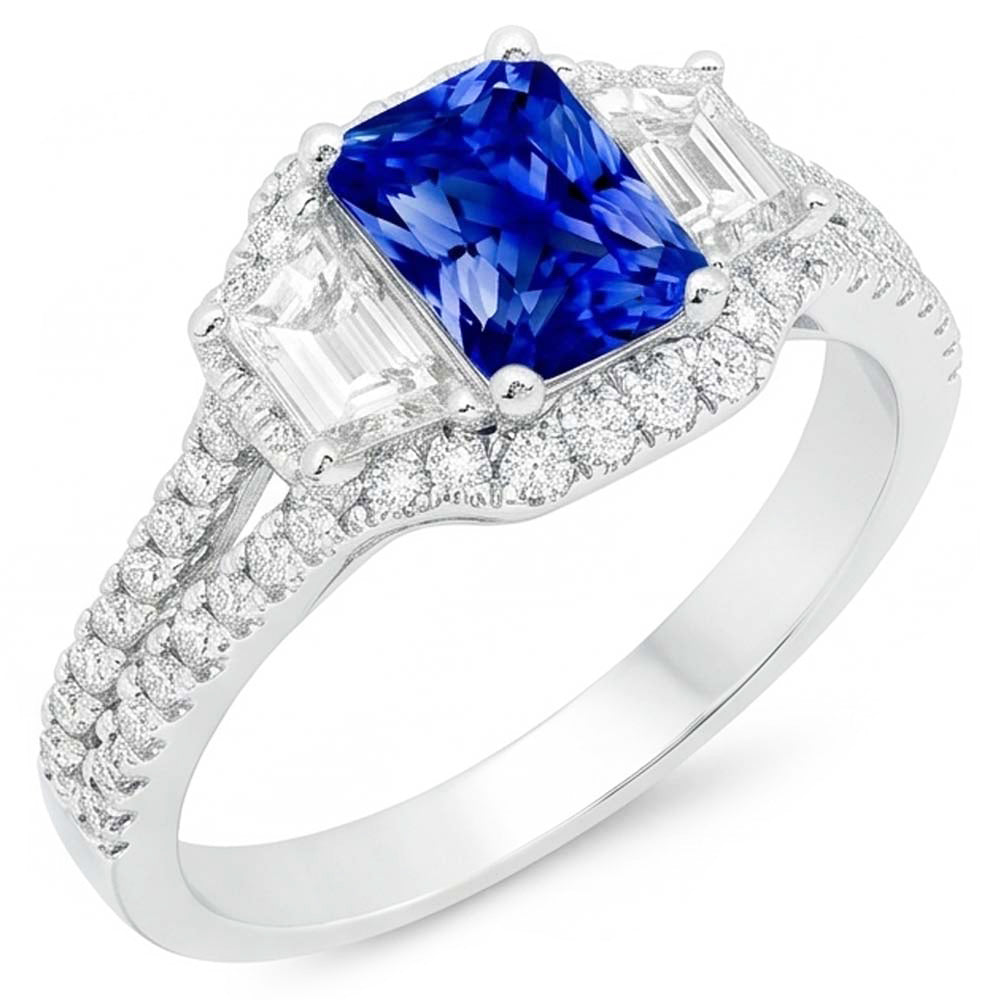 Halo Sapphire Engagement Ring 4 Carats Trapezoids & Pave Set Natural Earth Mined Diamonds