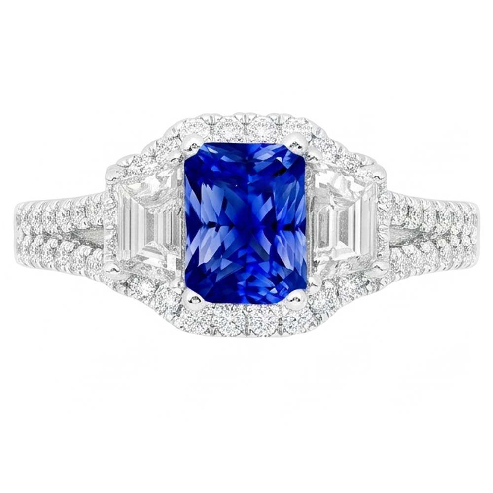 Halo Sapphire Engagement Ring 4 Carats Trapezoids & Pave Set Natural Earth Mined Diamonds