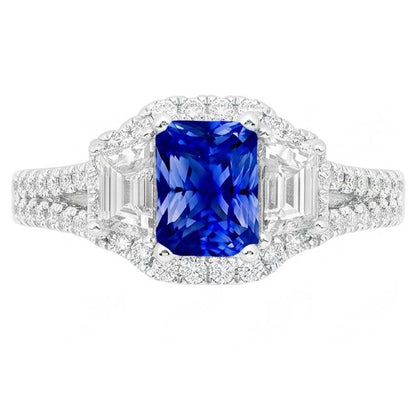Halo Sapphire Engagement Ring 4 Carats Trapezoids & Pave Set Natural Earth Mined Diamonds