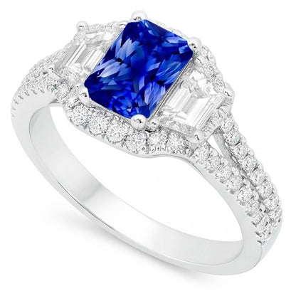 Halo Sapphire Engagement Ring 4 Carats Trapezoids & Pave Set Natural Earth Mined Diamonds