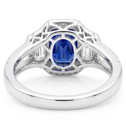 Halo Sapphire Engagement Ring 4 Carats Trapezoids & Pave Set Natural Earth Mined Diamonds