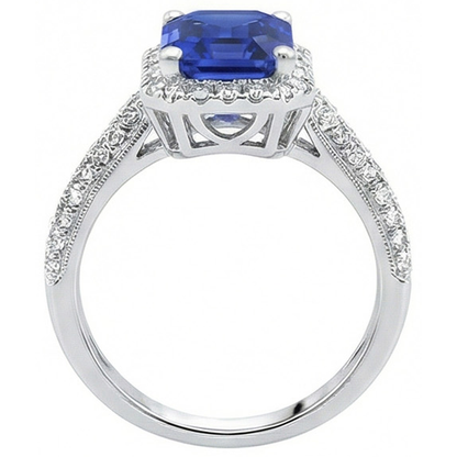 Halo Sapphire Engagement Ring Double Row Pave Set Natural Earth Mined Diamonds 4 Carats