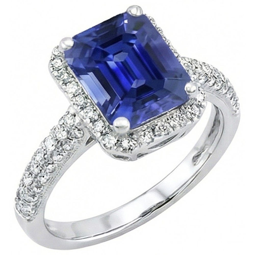 Halo Sapphire Engagement Ring Double Row Pave Set Natural Earth Mined Diamonds 4 Carats