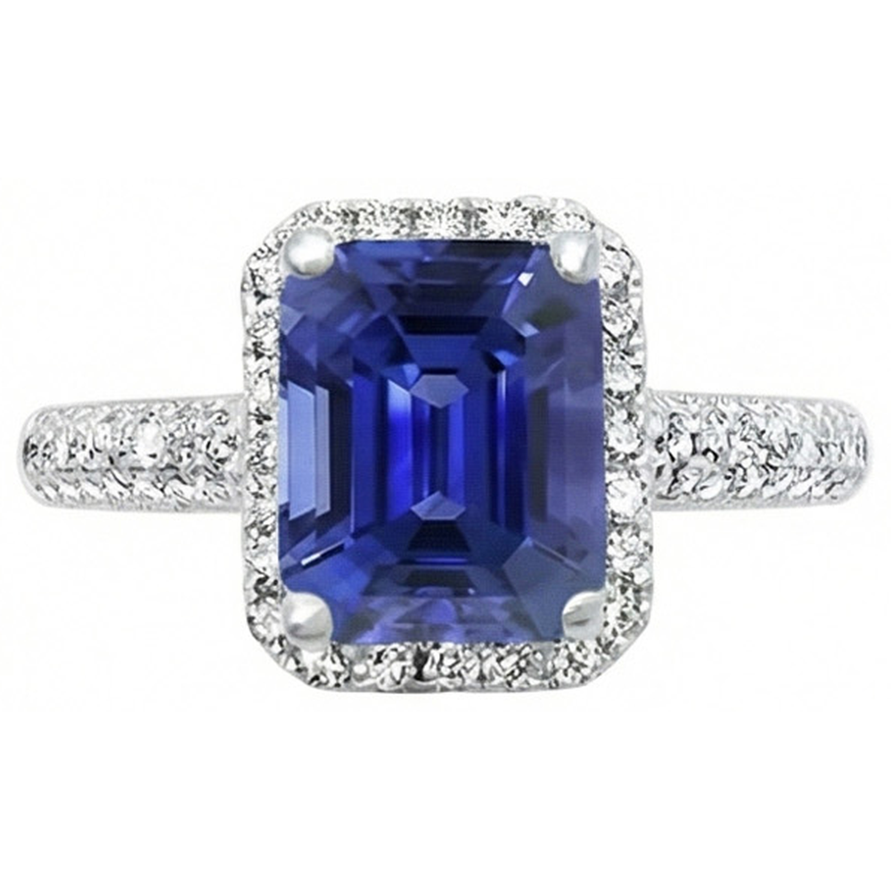 Halo Sapphire Engagement Ring Double Row Pave Set Natural Earth Mined Diamonds 4 Carats