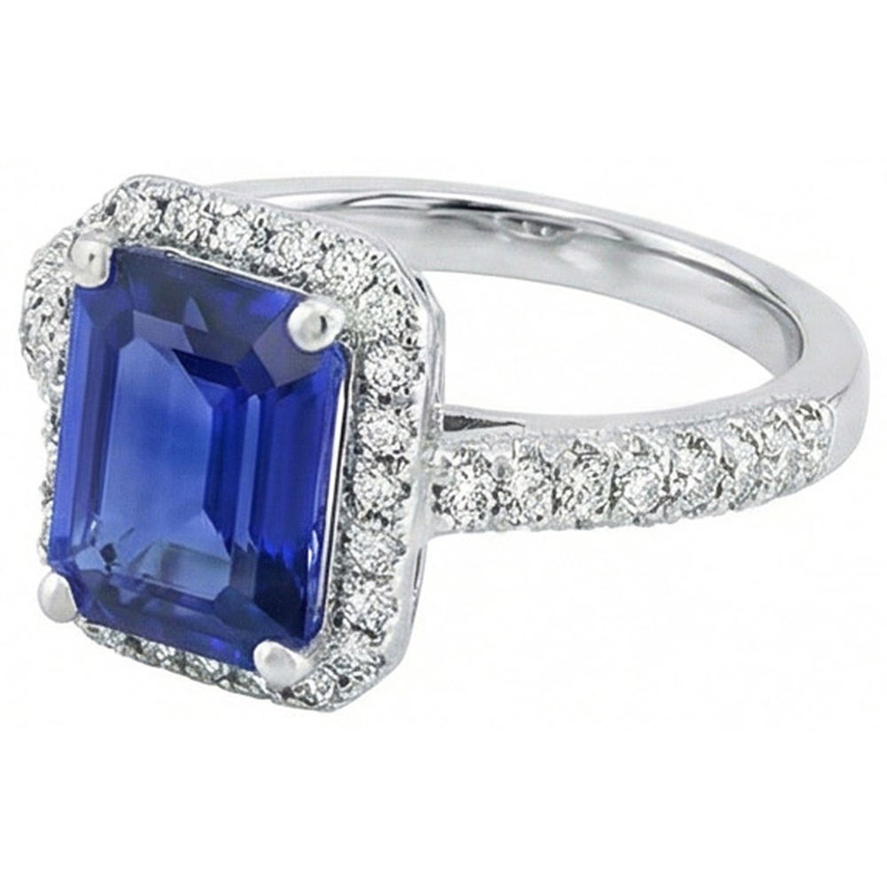 Halo Sapphire Engagement Ring Double Row Pave Set Natural Earth Mined Diamonds 4 Carats