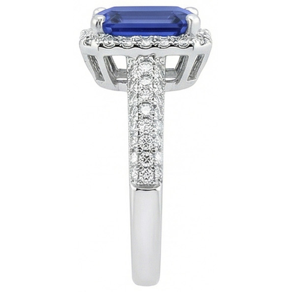 Halo Sapphire Engagement Ring Double Row Pave Set Natural Earth Mined Diamonds 4 Carats