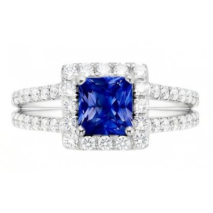 Halo Sapphire Engagement Ring Set Pave Natural Earth Mined Diamond Gold Band 3 Carats