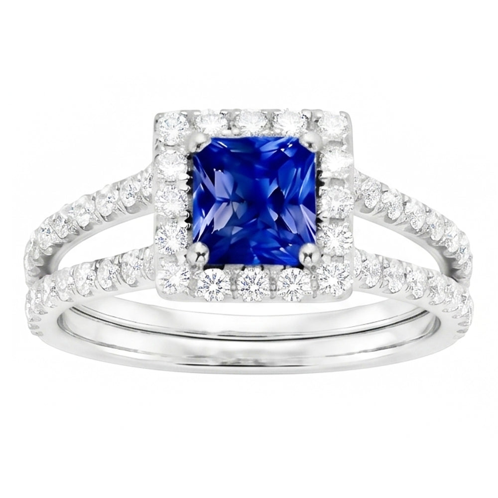 Halo Sapphire Engagement Ring Set Pave Natural Earth Mined Diamond Gold Band 3 Carats
