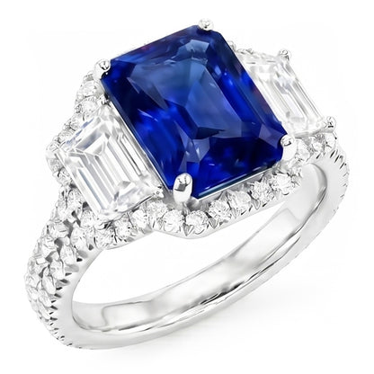Halo Sapphire Gemstone Ring 6 Carats Emerald & Round Natural Earth Mined Diamonds Pave Set
