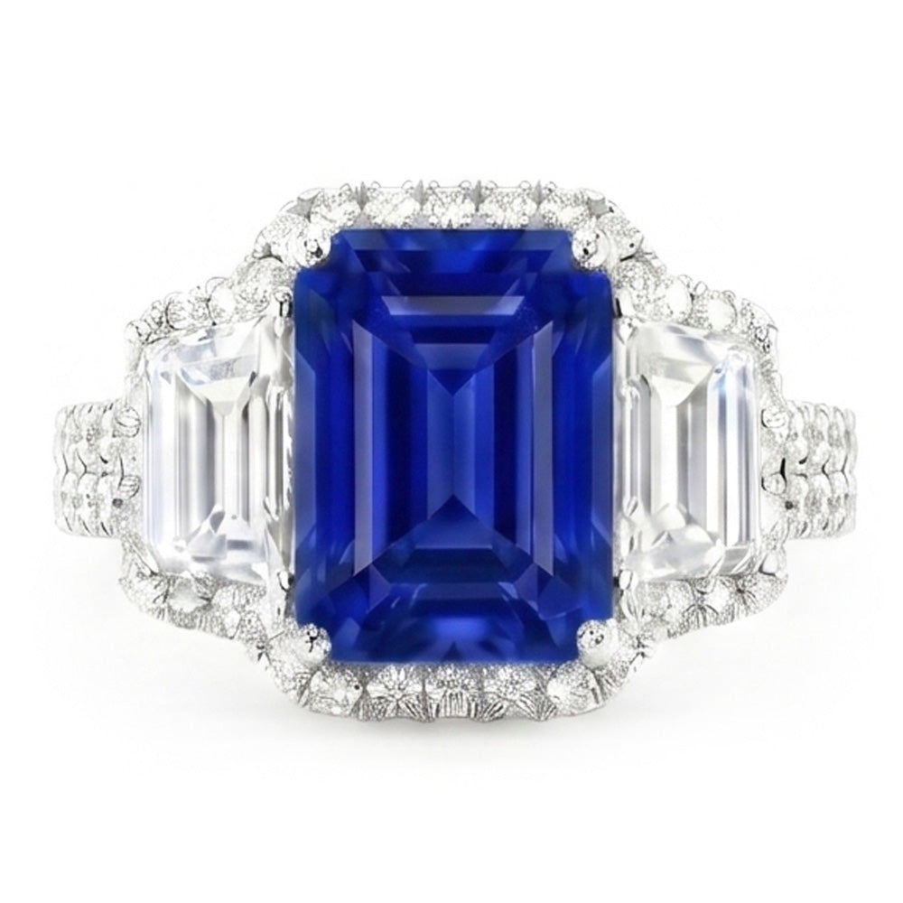 Halo Sapphire Gemstone Ring 6 Carats Emerald & Round Natural Earth Mined Diamonds Pave Set