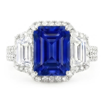 Halo Sapphire Gemstone Ring 6 Carats Emerald & Round Natural Earth Mined Diamonds Pave Set