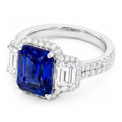 Halo Sapphire Gemstone Ring 6 Carats Emerald & Round Natural Earth Mined Diamonds Pave Set