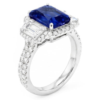 Halo Sapphire Gemstone Ring 6 Carats Emerald & Round Natural Earth Mined Diamonds Pave Set