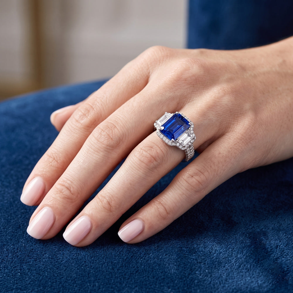 Halo Sapphire Gemstone Ring 6 Carats Emerald & Round Natural Earth Mined Diamonds Pave Set