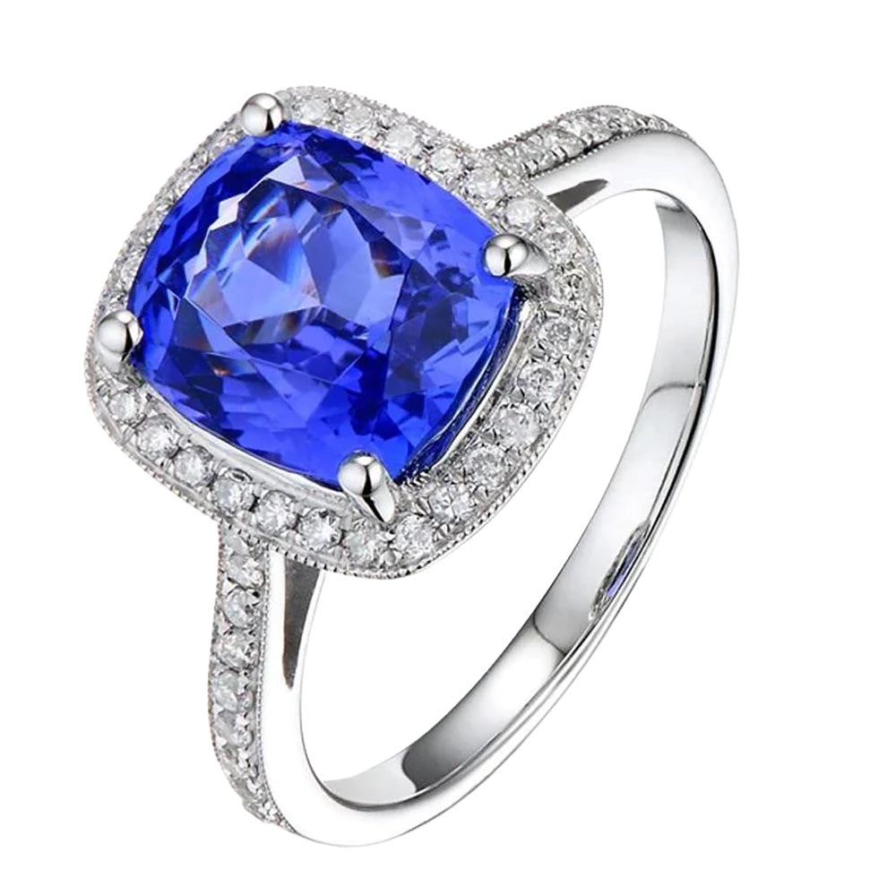 Halo Sapphire Natural Earth Mined Diamond Ring Cushion Cut