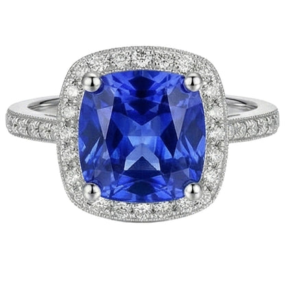 Halo Sapphire Natural Earth Mined Diamond Ring Cushion Cut