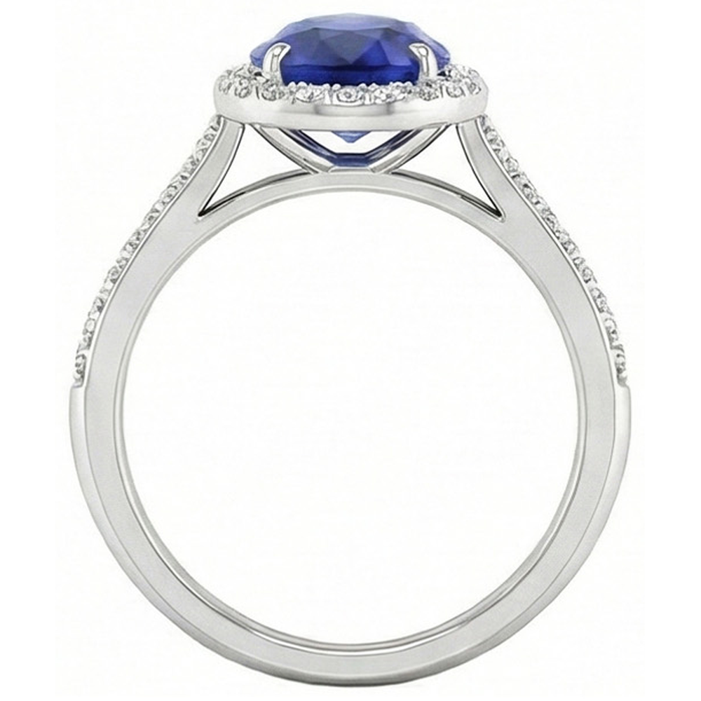 Natural Real ( Not Lab Grown )  Halo Sapphire Pear Ring 2.50 Ct Prong Set Accents Diamond