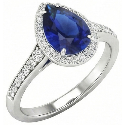Natural Real ( Not Lab Grown )  Halo Sapphire Pear Ring 2.50 Ct Prong Set Accents Diamond