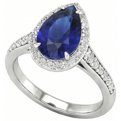 Natural Real ( Not Lab Grown )  Halo Sapphire Pear Ring 2.50 Ct Prong Set Accents Diamond