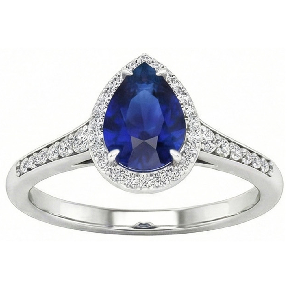 Natural Real ( Not Lab Grown )  Halo Sapphire Pear Ring 2.50 Ct Prong Set Accents Diamond