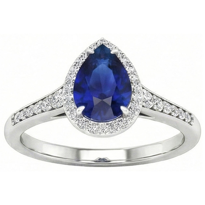 Natural Real ( Not Lab Grown )  Halo Sapphire Pear Ring 2.50 Ct Prong Set Accents Diamond