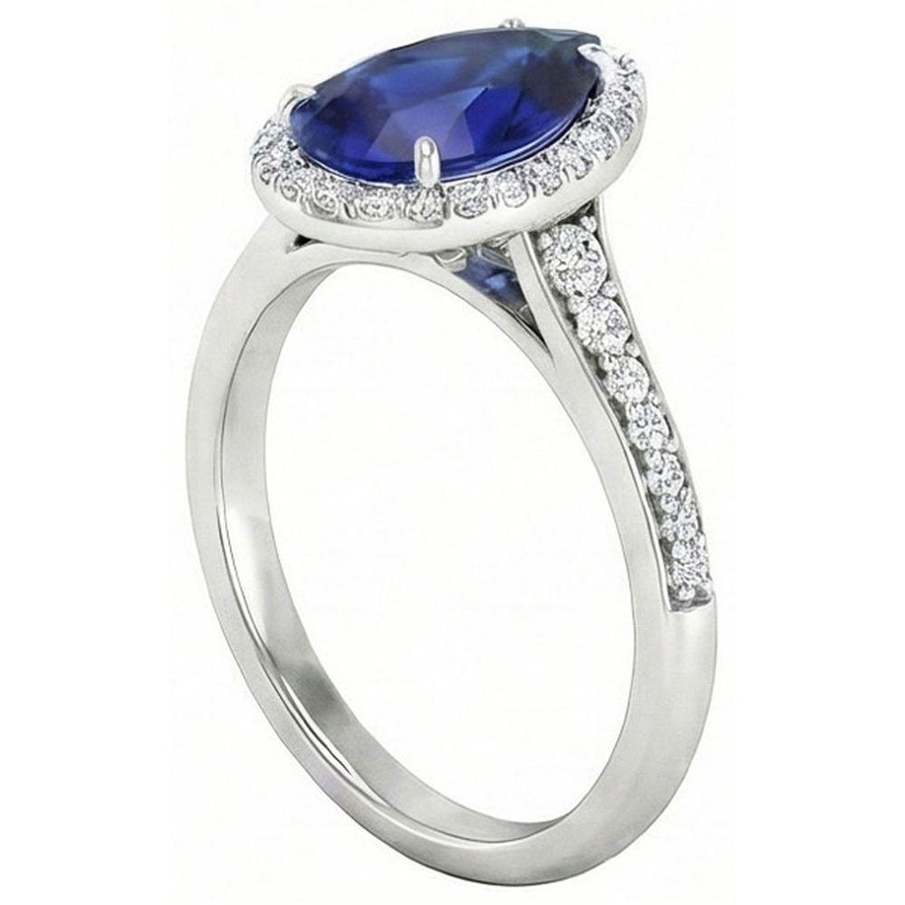 Natural Real ( Not Lab Grown )  Halo Sapphire Pear Ring 2.50 Ct Prong Set Accents Diamond