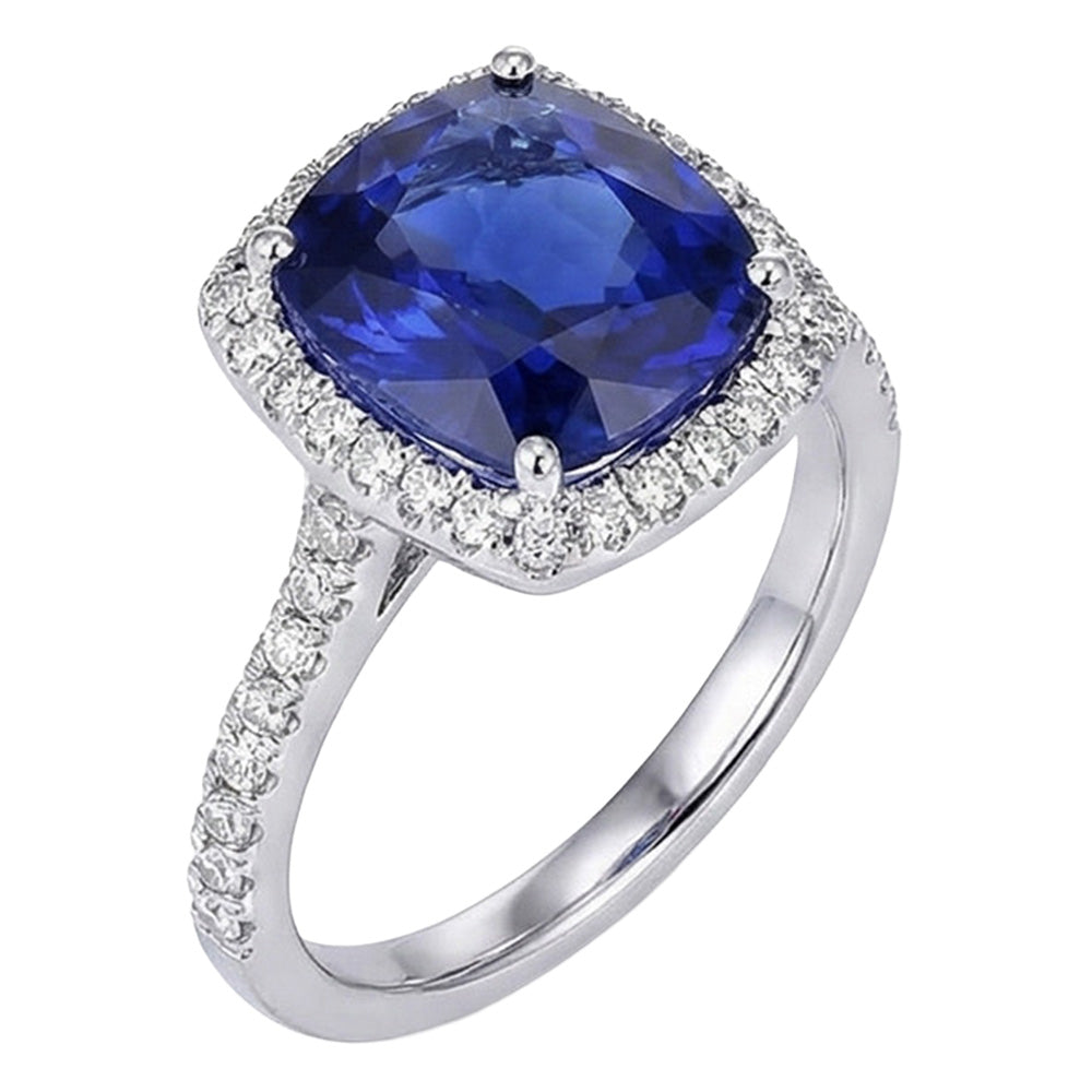 Halo Sri Lankan Sapphire And Natural Earth Mined Diamond White Gold 14K Ring 7.80 Ct