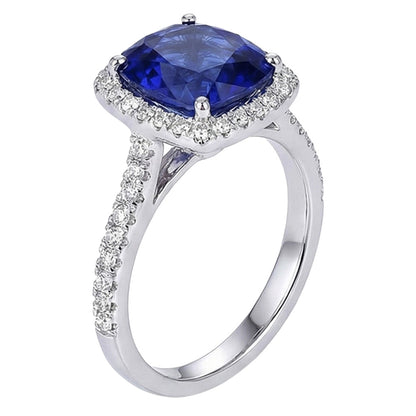 Halo Sri Lankan Sapphire And Natural Earth Mined Diamond White Gold 14K Ring 7.80 Ct