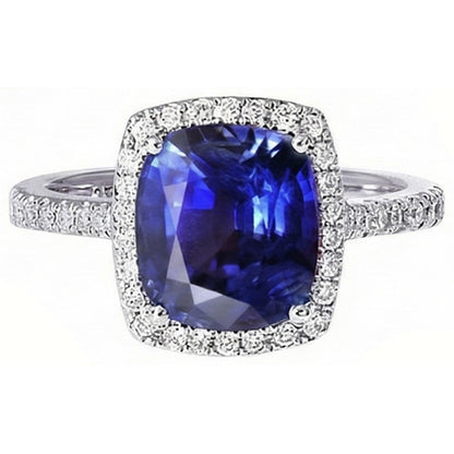 Halo Sri Lankan Sapphire And Natural Earth Mined Diamond White Gold 14K Ring 7.80 Ct