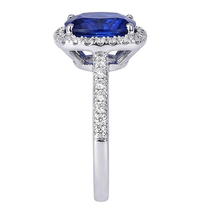 Halo Sri Lankan Sapphire And Natural Earth Mined Diamond White Gold 14K Ring 7.80 Ct