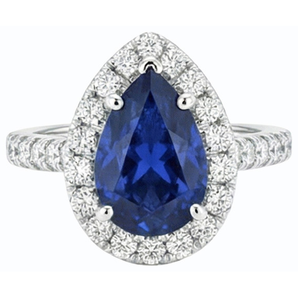 Halo Srilanka Sapphire Pear Shaped Ring & Natural Earth Mined Diamonds 3.50 Carats
