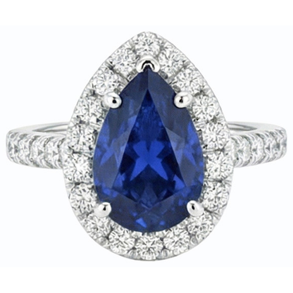 Halo Srilanka Sapphire Pear Shaped Ring & Natural Earth Mined Diamonds 3.50 Carats