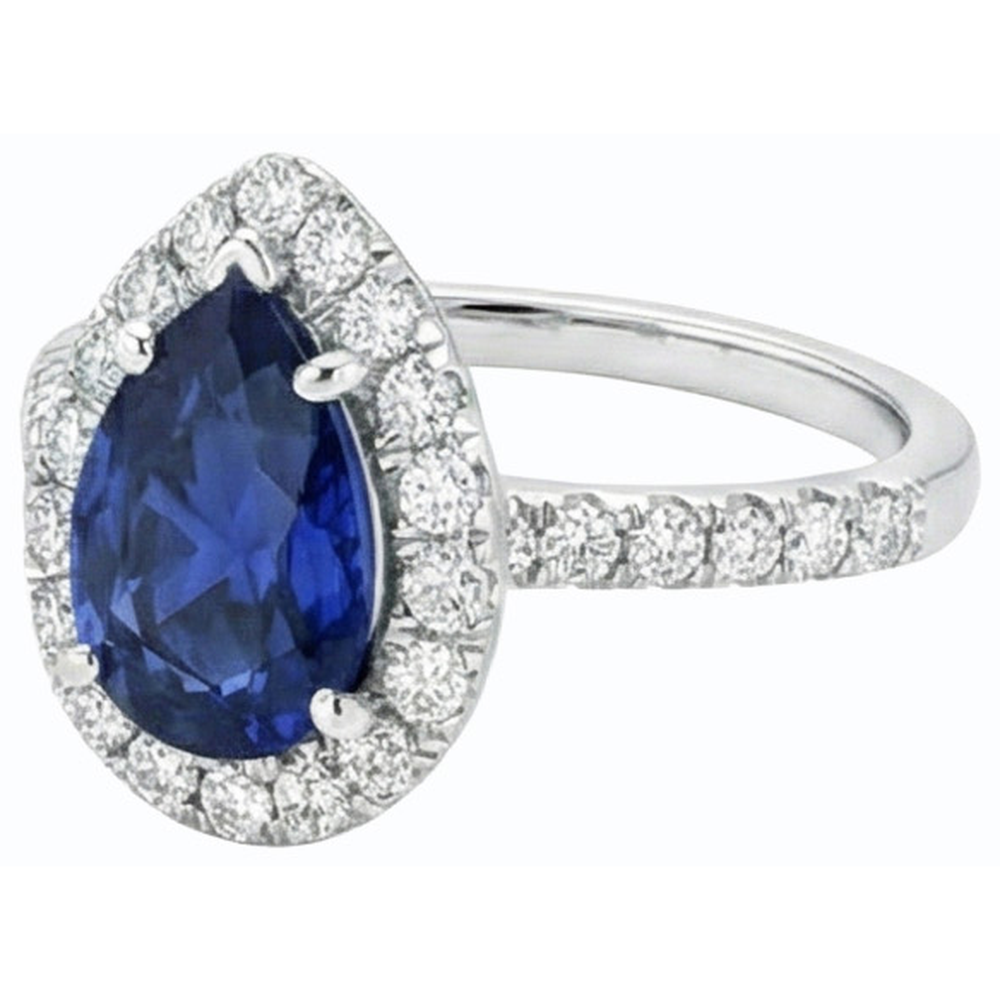 Halo Srilanka Sapphire Pear Shaped Ring & Natural Earth Mined Diamonds 3.50 Carats