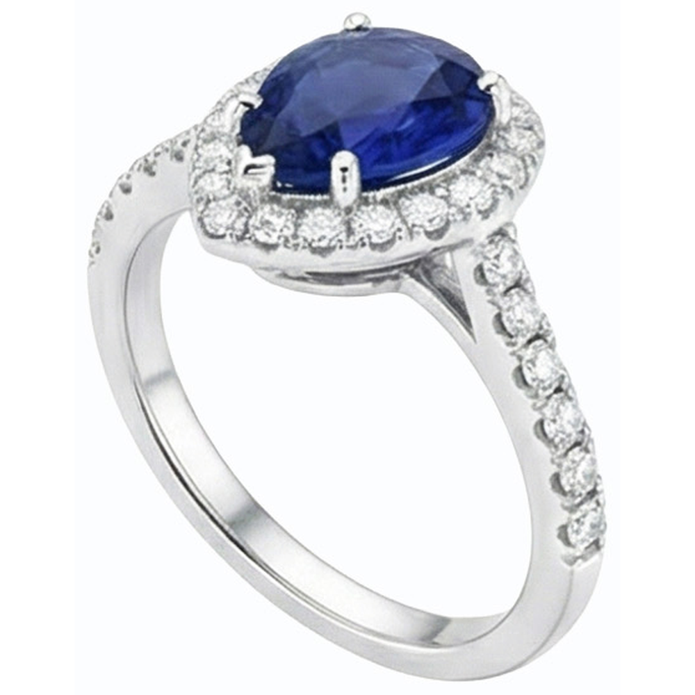 Halo Srilanka Sapphire Pear Shaped Ring & Natural Earth Mined Diamonds 3.50 Carats