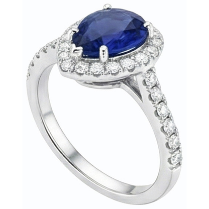 Halo Srilanka Sapphire Pear Shaped Ring & Natural Earth Mined Diamonds 3.50 Carats