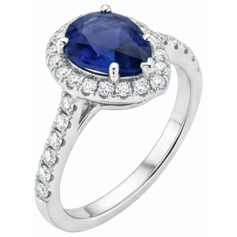 Halo Srilanka Sapphire Pear Shaped Ring & Natural Earth Mined Diamonds 3.50 Carats