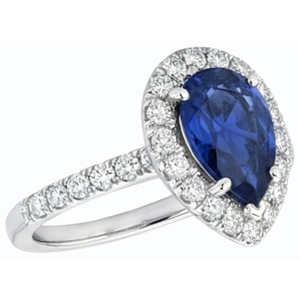 Halo Srilanka Sapphire Pear Shaped Ring & Natural Earth Mined Diamonds 3.50 Carats