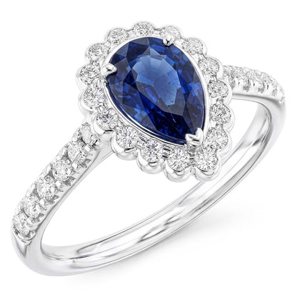 Halo Srilanka Sapphire Ring Pear White Gold & Natural Earth Mined Diamonds 4 Carats