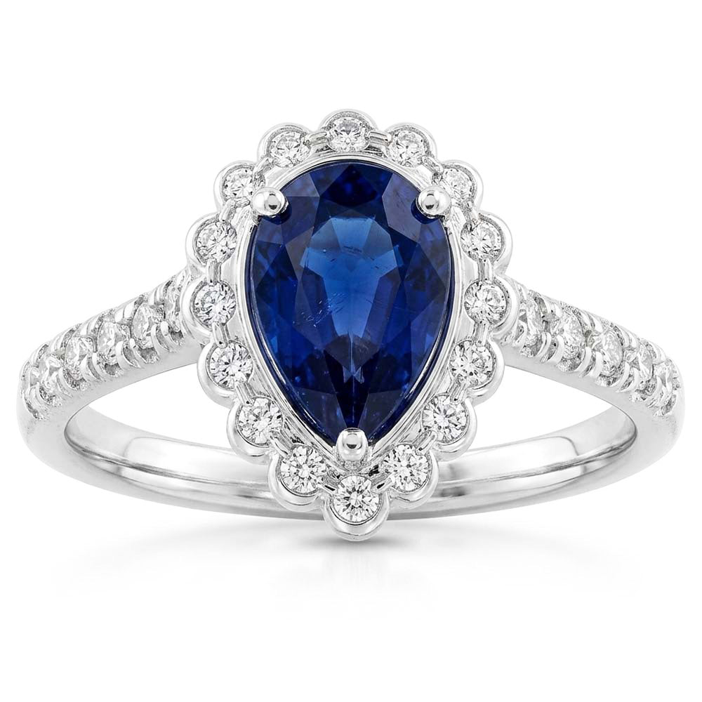 Halo Srilanka Sapphire Ring Pear White Gold & Natural Earth Mined Diamonds 4 Carats