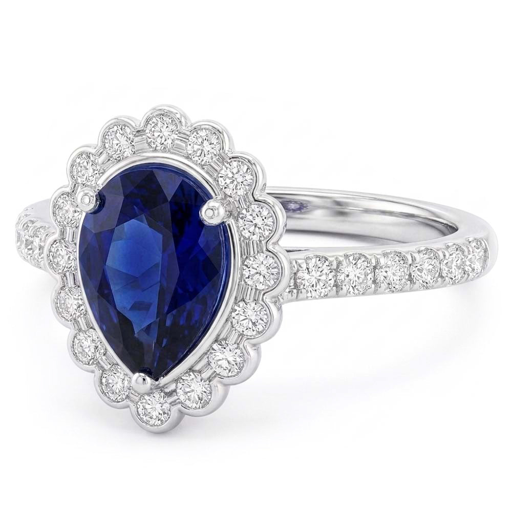 Halo Srilanka Sapphire Ring Pear White Gold & Natural Earth Mined Diamonds 4 Carats