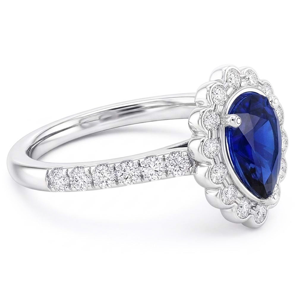 Halo Srilanka Sapphire Ring Pear White Gold & Natural Earth Mined Diamonds 4 Carats